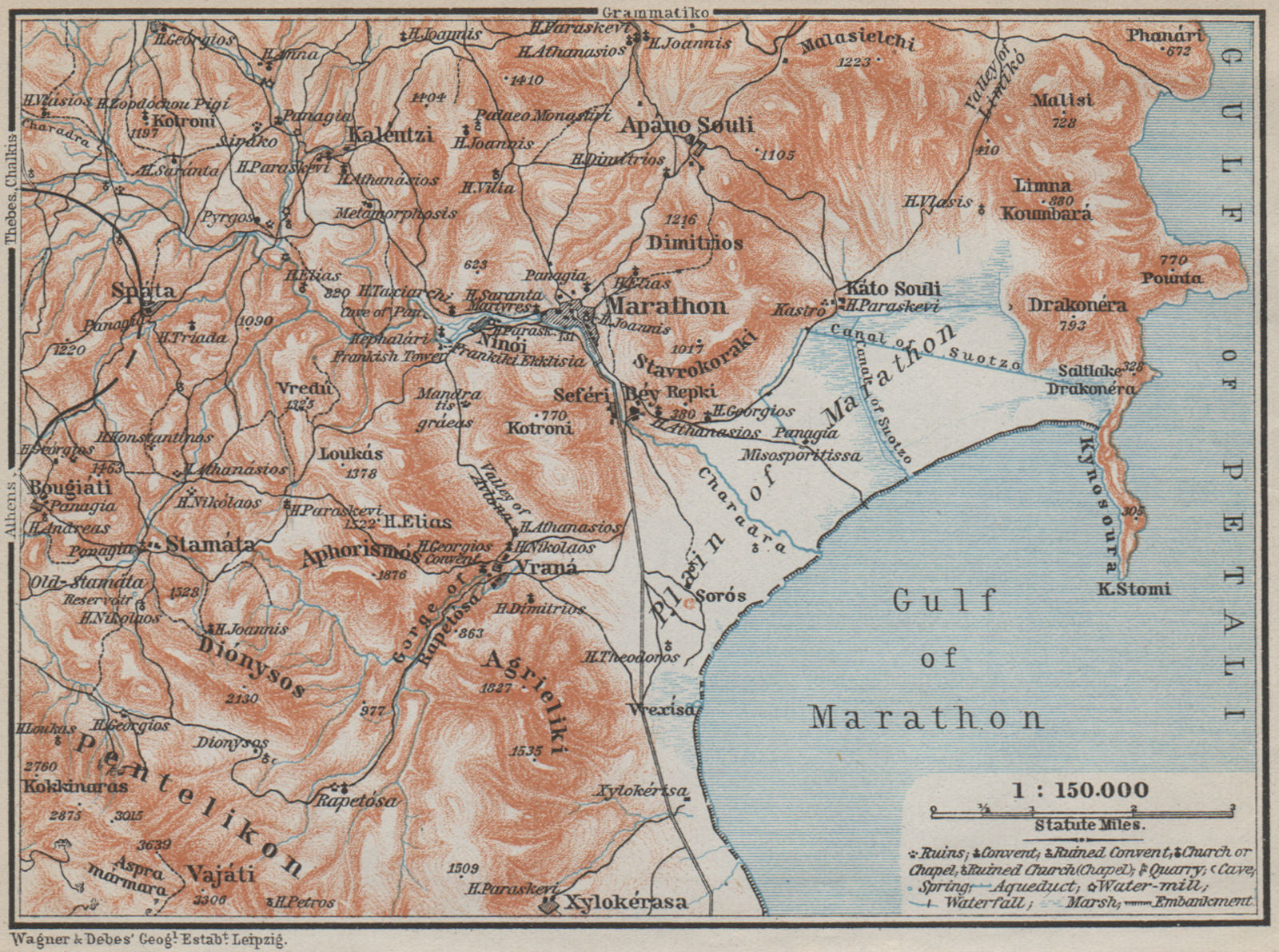 MARATHON ENVIRONS. Marathonas Schinias Ano Souli. Topo-map. Greece 1909